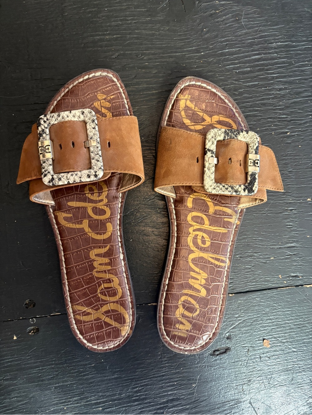 Sam Edelman Tan Suede Slide Sandals with Snakeskin Buckle